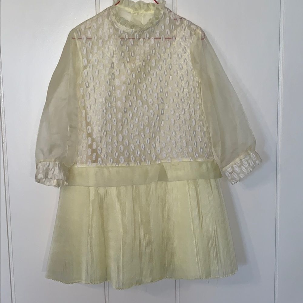 Vtg 60s yellow sheer dress with slip & pleated hem